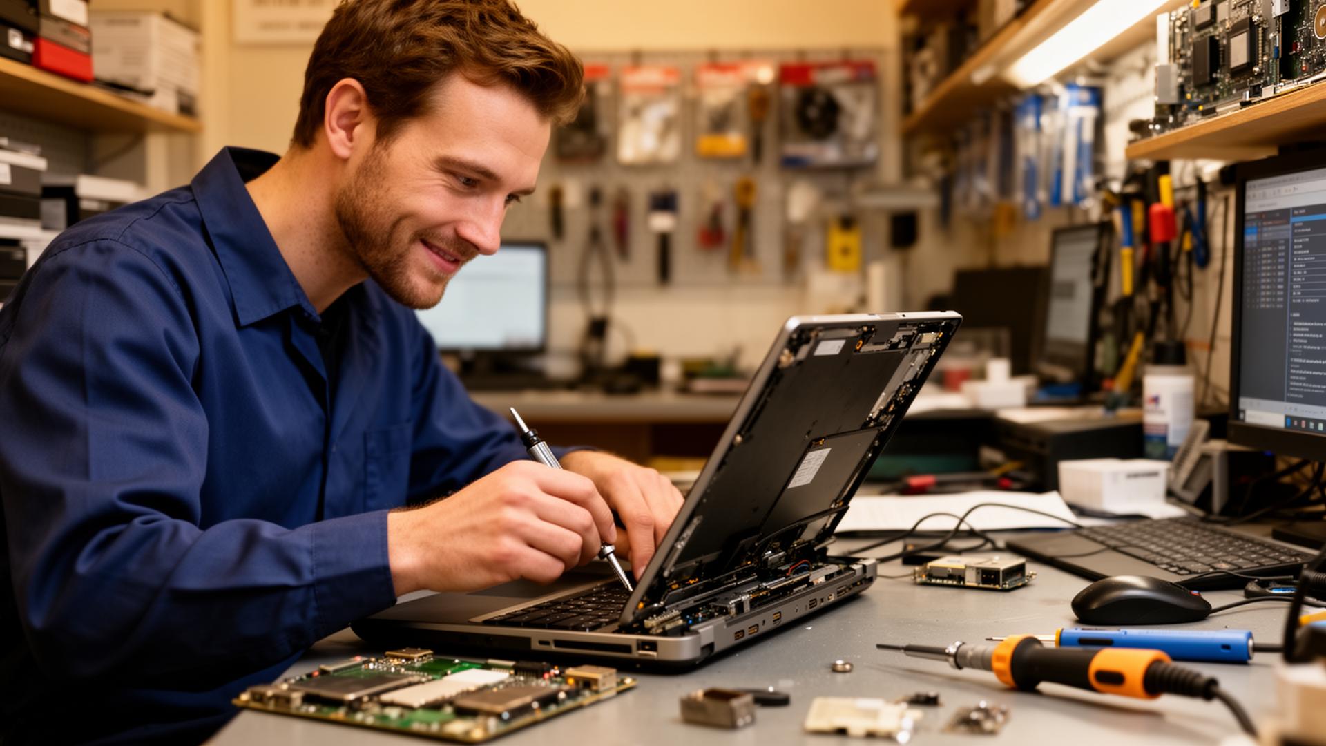 Gatley Repairs technician repairing a laptop in the workshop