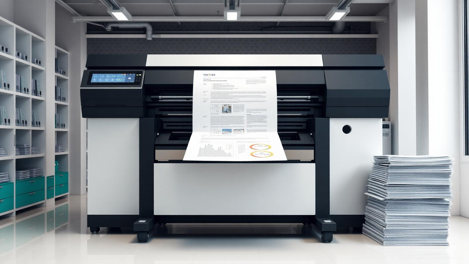 Modern print shop with printer producing a document