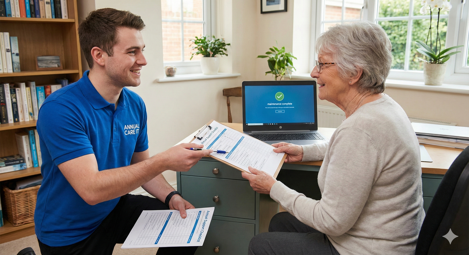 Customer booking computer repair service at Gatley Computers reception desk