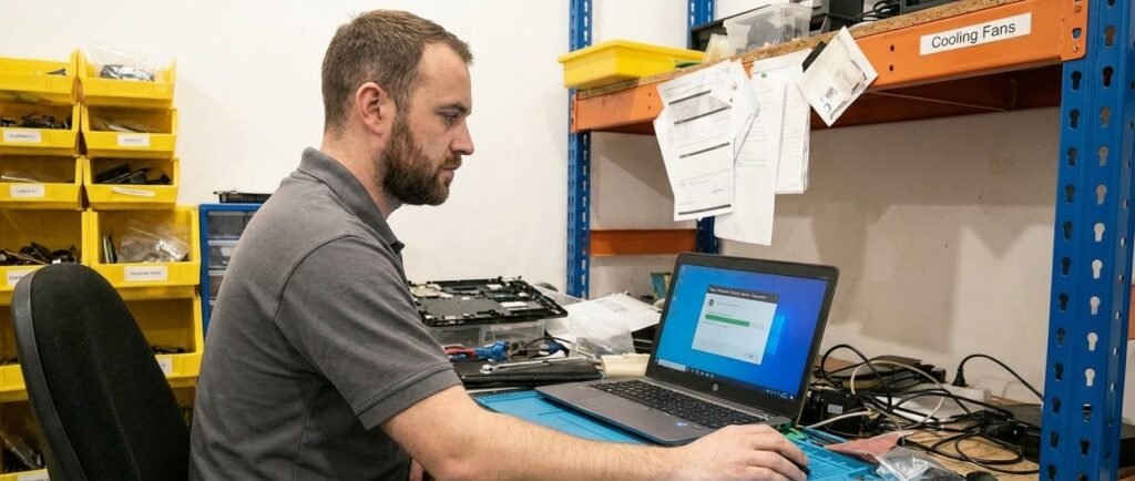 Computer technician working on laptop at Gatley Computers tech blog