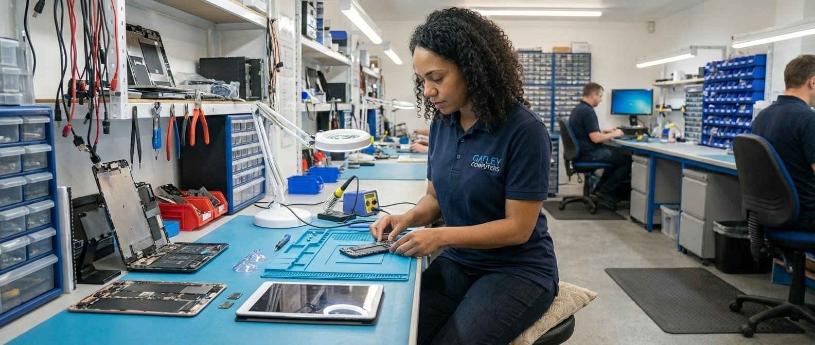 Technician repairing computer device at Gatley Computers workshop
