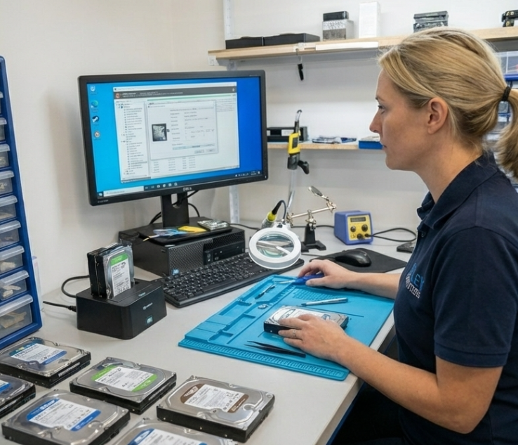 Computer repair technician working at desk at Gatley Computers Manchester
